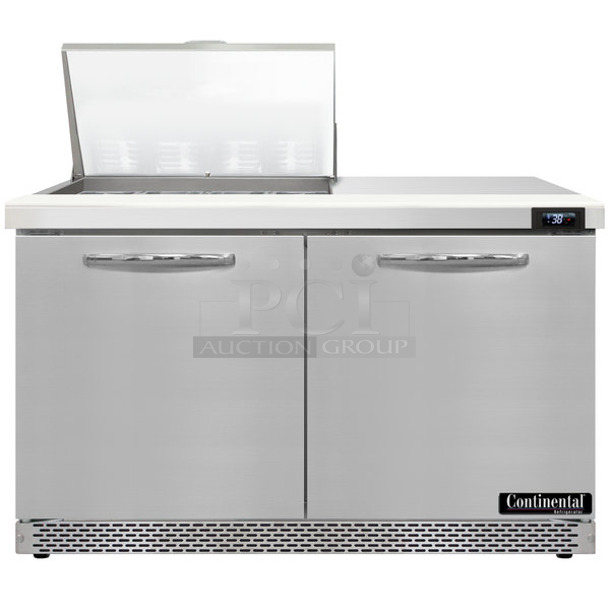 BRAND NEW! 2022 Continental SW48N12M Stainless Steel Commercial 2 Door Mighty Top Front Breathing Refrigerated Sandwich Prep Table on Commercial Casters. 115 Volts, 1 Phase. Tested and Working!