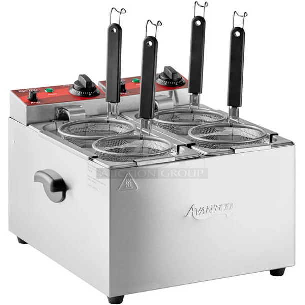 BRAND NEW SCRATCH AND DENT! 2023 Avantco 177PC102 2 Gallon / 8 Liter Electric Countertop Two Section Pasta Cooker w/ 4 Metal Fry Baskets. 120 Volts, 1 Phase. Tested and Working!