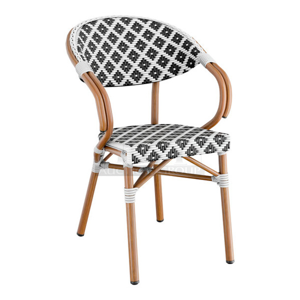 16 BRAND NEW SCRATCH AND DENT! Lancaster Table & Seating 427CARTBSBWB Bistro Series Black and White Birdseye Weave Rattan Outdoor Arm Chair. 16 Times Your Bid!
