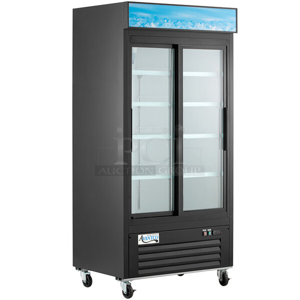 BRAND NEW SCRATCH AND DENT! 2024 Avantco 178GDS33HCB Metal Commercial 2 Door Reach In Cooler Merchandiser w/ Poly Coated Racks. 115 Volts, 1 Phase. - Item #1113123