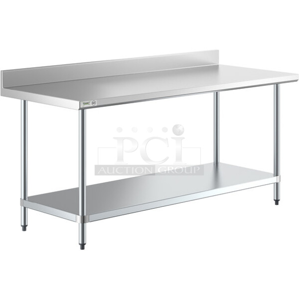 BRAND NEW SCRATCH AND DENT! Regency 600TB3072G 30" x 72" 18-Gauge 304 Stainless Steel Commercial Work Table with 4" Backsplash and Galvanized Undershelf. May Be Missing Pieces. - Image 1 of 3