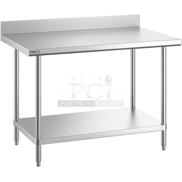 BRAND NEW SCRATCH AND DENT! Regency 600TSSB3048S Spec Line 30" x 48" 14 Gauge Stainless Steel Commercial Work Table with 4" Backsplash and Undershelf. May Be Missing Pieces.  - Image 1 of 3