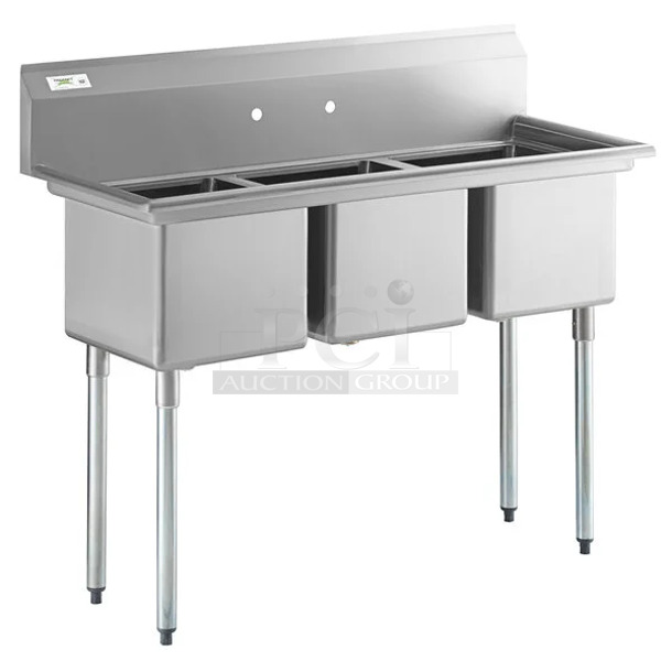 BRAND NEW SCRATCH AND DENT! Regency 600S31515 54" 16-Gauge Stainless Steel Three Compartment Commercial Sink with Galvanized Steel Legs and without Drainboards - 15" x 15" x 12" Bowls. No Legs.  - Image 1 of 7