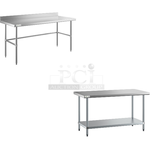 2 BRAND NEW SCRATCH AND DENT! Items; Regency 600WT30X72BS 30" x 72" 16 Gauge 304 Stainless Steel Commercial Open Base Work Table with 4" Backsplash and Regency 600T3060G 30" x 60" 18-Gauge 304 Stainless Steel Commercial Work Table with Galvanized Legs and Undershelf. 2 Times Your Bid! May Be Missing Pieces. - Image 1 of 4