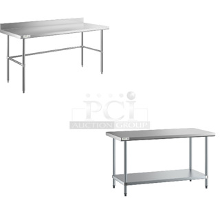 2 BRAND NEW SCRATCH AND DENT! Items; Regency 600WT30X72BS 30" x 72" 16 Gauge 304 Stainless Steel Commercial Open Base Work Table with 4" Backsplash and Regency 600T3060G 30" x 60" 18-Gauge 304 Stainless Steel Commercial Work Table with Galvanized Legs and Undershelf. 2 Times Your Bid! May Be Missing Pieces.