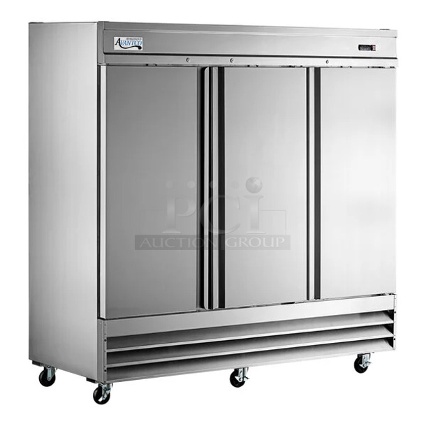 BRAND NEW SCRATCH AND DENT! 2024 Avantco 178SS3RHC Stainless Steel Commercial 3 Door Reach In Cooler w/ Poly Coated Racks. 115 Volts, 1 Phase. Tested and Working! - Image 1 of 9