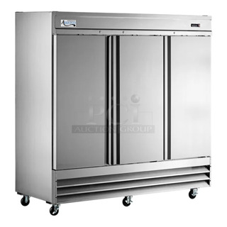 BRAND NEW SCRATCH AND DENT! 2024 Avantco 178SS3RHC Stainless Steel Commercial 3 Door Reach In Cooler w/ Poly Coated Racks. 115 Volts, 1 Phase. Tested and Working!