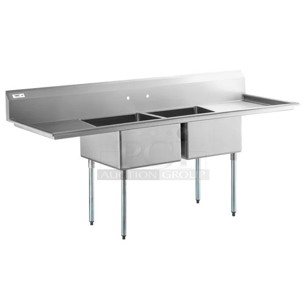 BRAND NEW SCRATCH AND DENT! Regency 600S22323224 96" 16 Gauge Stainless Steel Two Compartment Sink with Galvanized Steel Legs and 2 Drainboards - 23" x 23" x 12" Bowls. No Legs.  - Image 1 of 9