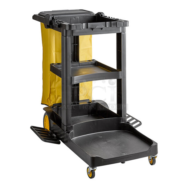 BRAND NEW SCRATCH AND DENT! Lavex 274BLKCARTWB Premium Black 3-Shelf Janitor Cart Kit with Yellow Bag, Black Zippered Bag, and Lid - Image 1 of 7