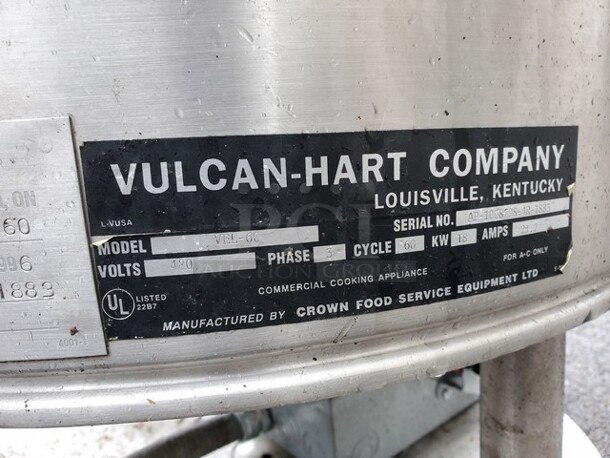 VULCAN HART VEL-60 ELECTRIC 3PH 480VOLTS STEAM KETTLE  - Image 6 of 10