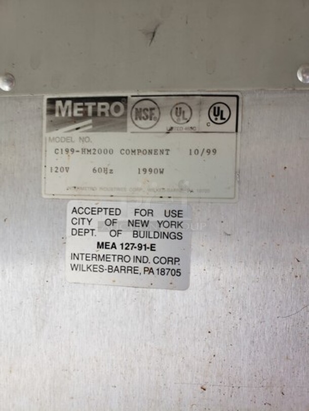 Metro C199-HM2000 Heating Cabinet Food Warmer!

120 V
60 Hz
1900 W - Image 6 of 6