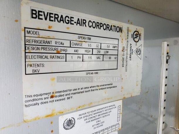 Beverage-Air SPE48-18M 48" 2-door Refrigerated Sandwich Salad Prep 48X34X36 On Caster, Unknown Condition, SOLD AS IS!  - Image 4 of 4