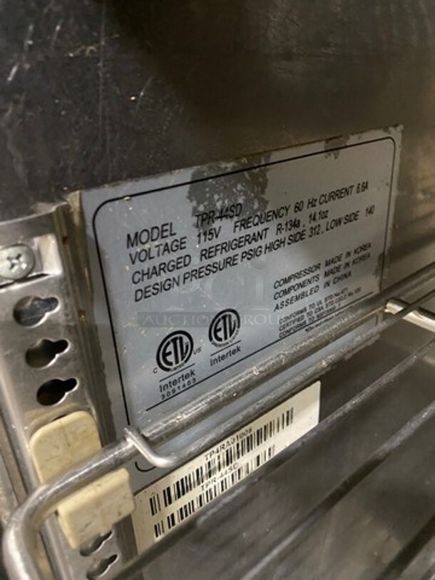 Turbo Air Commercial Refrigerated Pizza Prep Table! With Commercial Cutting Board! With Single Door Storage Space! Poly Coated Rack! All Stainless Steel! On Casters! Model: TPR44SD SN: TP4RA0100B 115V 60HZ 1 Phase - Image 7 of 10