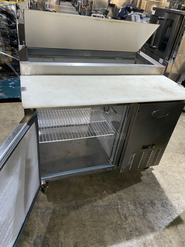 NICE! Entree Refrigerated Pizza Prep Table! With Cold Top! With Commercial Cutting Board! Single Door Storage Area Underneath! With Poly Coated Rack! All Stainless Steel! On Casters! Model: P47 SN: 1402ENTH04423 115V 60HZ 1 Phase - Image 5 of 10