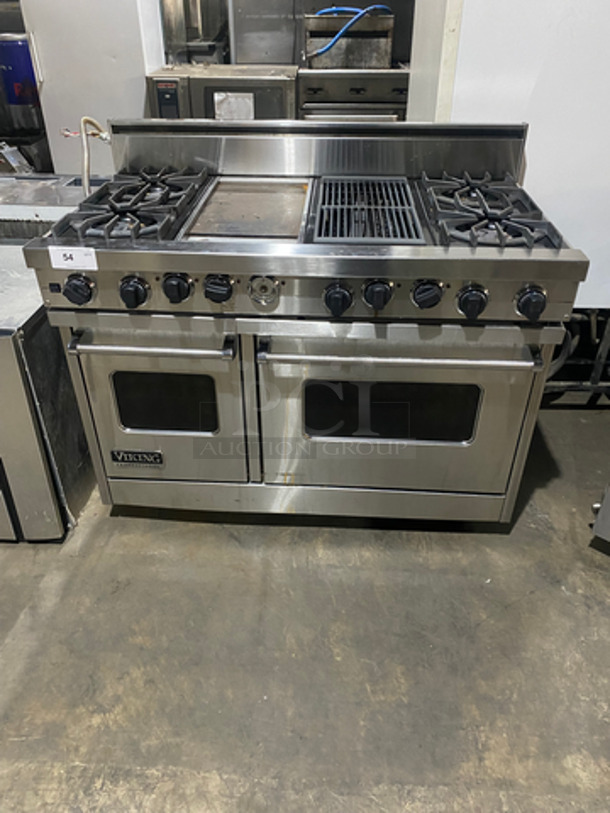 AMAZING! Viking Duel Fuel Powered 4 Burner Stove! With Built In Flat And Ribbed Griddle! With 2 Oven Underneath! Metal Oven Racks! All Stainless Steel! On Legs! - Image 1 of 12
