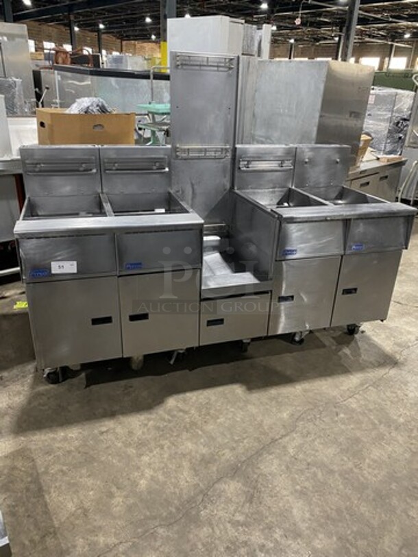 FAB! Pitco Frialator Commercial Natural Gas Powered 4 Bay Deep Fat Fryer! With Middle Fryer Basket Rack! With Oil Filter System! All Stainless Steel! On Casters! Model: SGH50 SN: G10DA010387