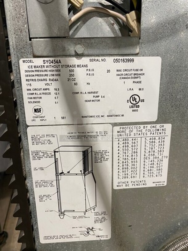 Manitowoc Commercial Ice Maker Machine! With Commercial Ice Bin! All Stainless Steel! On Legs! 2x Your Bid Makes One Unit! Model: SY0454A SN: 050163999 115V 60HZ 1 Phase, Model: B400 SN: 041220594 - Image 7 of 9