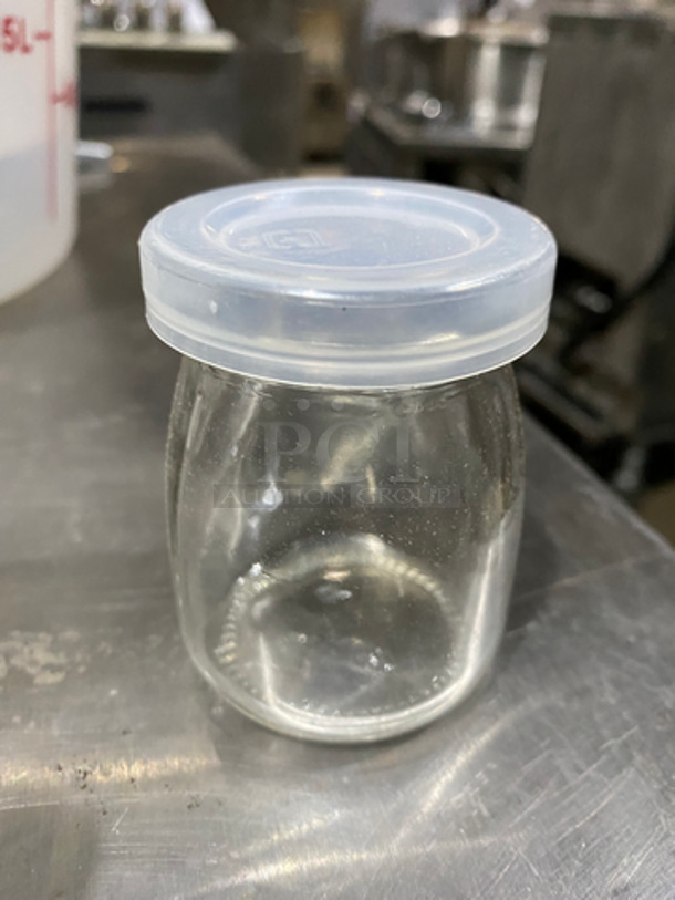IN THE BOX! Restaurant Ware 3.5 Oz Clear Glass Milk/Yogurt Containers! With Plastic Lid! 2x Your Bid! - Image 3 of 5