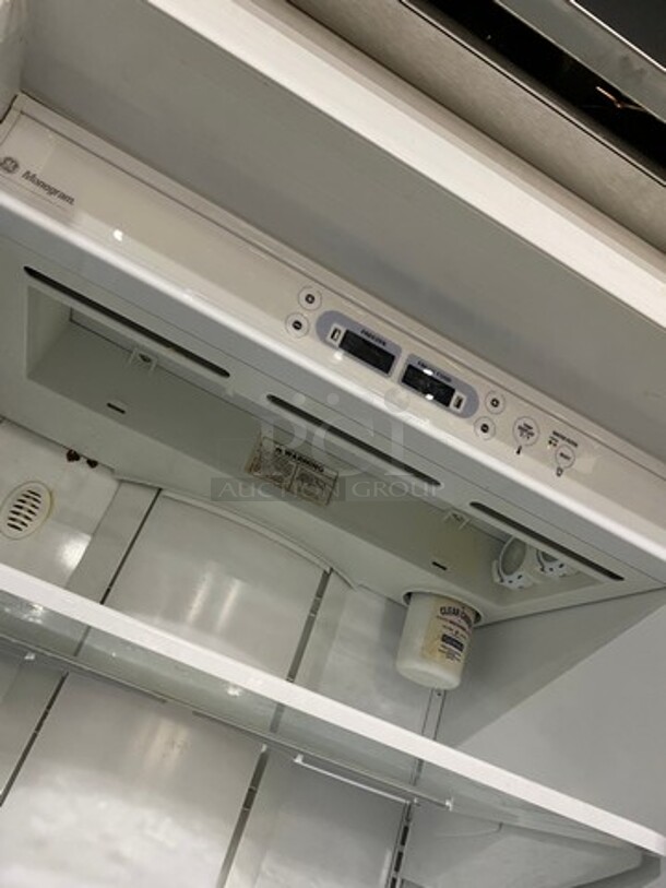 Monogram Upright Half Cooler Half Freezer Combo Unit! With Ice And Water Dispenser! With Poly Coated Racks And Shelves! Stainless Steel! - Image 8 of 10