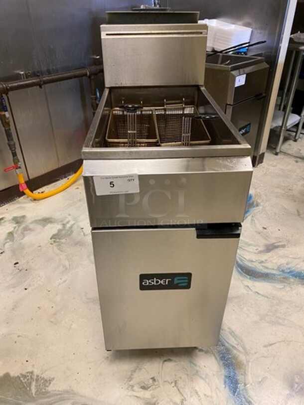 LATE MODEL! 2022 Asber Commercial Natural Gas Powered Deep Fat Fryer! With Metal Frying Baskets! With Backsplash! All Stainless Steel! On Casters! WORKING WHEN REMOVED! Model: AEF4050