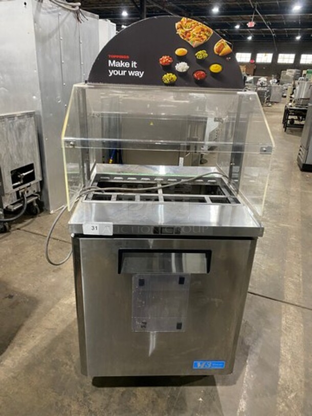 NICE! Turbo Air Refrigerated Salad Bar Island! With Sneeze Guard! Single Door Storage Space Underneath! All Stainless Steel! On Legs! Model: MST28711S SN: MS2T803217 115V 60HZ 1 Phase