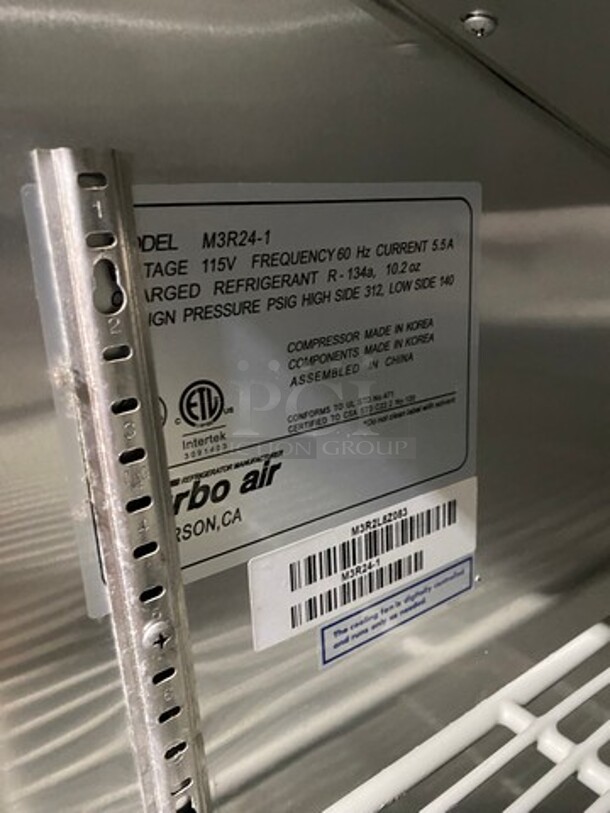 Turbo Air Commercial Single Door Reach In Refrigerator! With Poly Coated Racks! All Stainless Steel! On Casters! Model: M3R241 SN: M3R2L8Z083 115V 60HZ 1 Phase - Image 7 of 9