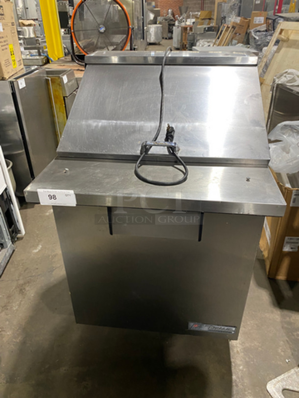 True Commercial Refrigerated Sandwich Prep Table! With Single Door Storage Space Underneath! With Poly Coated Racks! All Stainless Steel! On Casters! Model: TSSU2712MB SN: 14301980 115V 60HZ 1 Phase