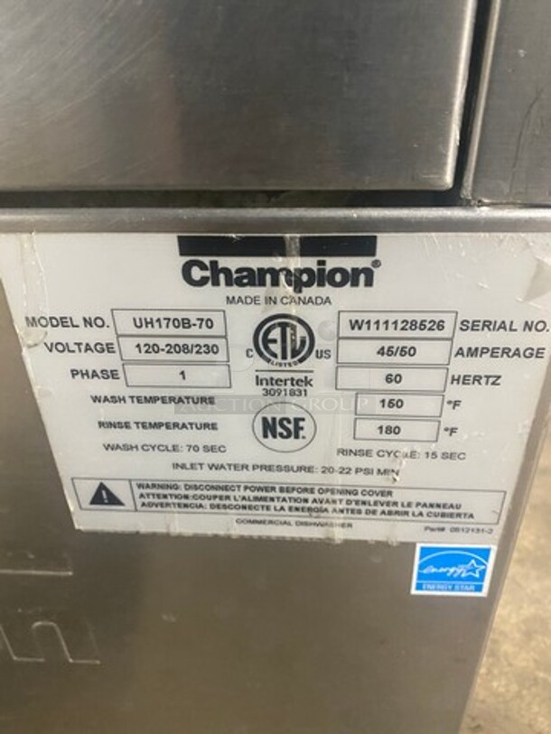 Champion Commercial Under The Counter Dishwasher! All Stainless Steel! Model: UH170B70 SN: W111128526 120/208/230V 60HZ 1 Phase - Image 7 of 9