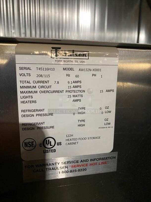 Traulsen Commercial Heated Holding Cabinet/ Food Warmer! With View Through Door! Metal Racks! All Stainless Steel! On Casters! WORKING WHEN REMOVED! Model: AW132NX0001 SN: T45116H10 115/208V 1 Phase - Image 11 of 11