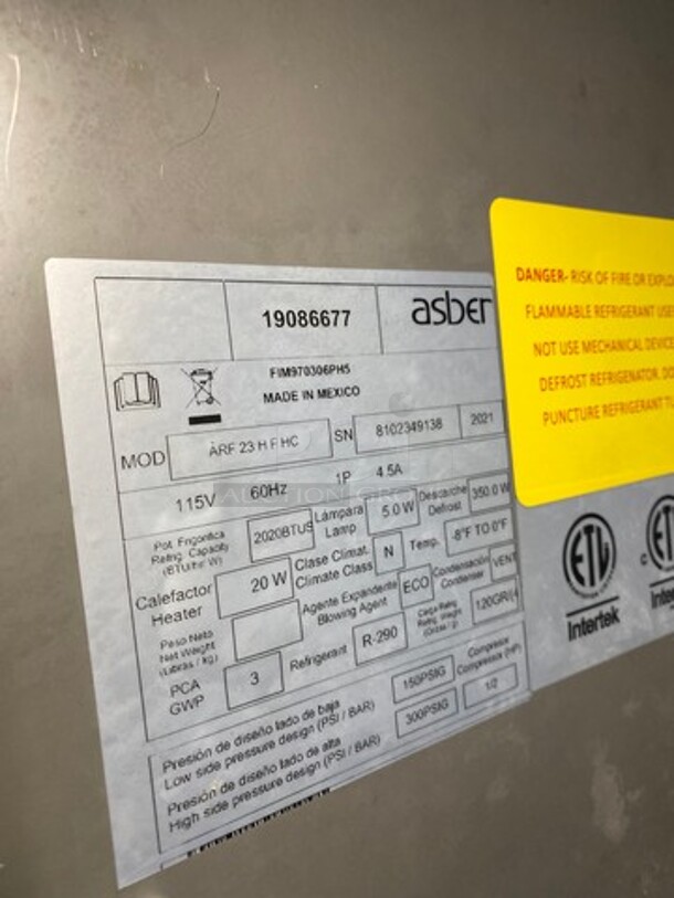 LATE MODEL! 2021 Asber Commercial Single Door Reach In Freezer! With Poly Coated Racks! All Stainless Steel! On Casters! WORKING WHEN REMOVED! Model: ARF23HFHC SN: 8102349138 115V 60HZ 1 Phase - Image 7 of 8
