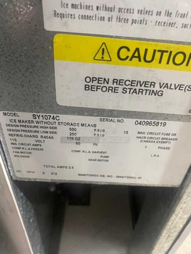 Manitowoc Commercial Ice Machine Head! Stainless Steel Body! Model: SY1074C SN: 040965819 115V 60HZ 1 Phase - Image 5 of 6