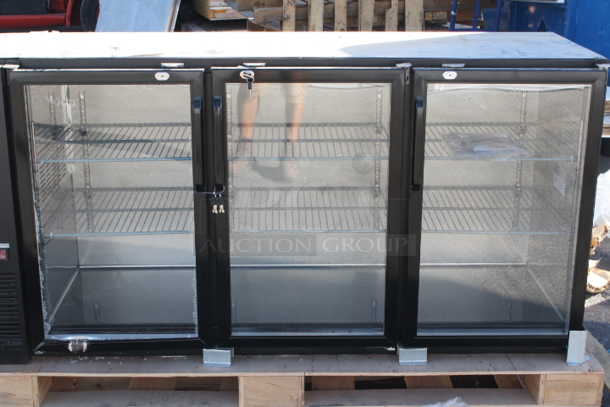 BRND NEW SCRATCH & DENT! Avantco UBB-72-GT-G 73" Black Underbar Height Narrow Glass Door Back Bar Refrigerator with Galvanized Top and LED Lighting 72 3/4 x 24 7/16 x 34 1/4. Outer layer of glass is broken on left door. 115 Volts 3.5 Amps 1 Phase 60 Hertz. S/N: 228797658. WORKING prior to cord being damaged! - Image 8 of 8