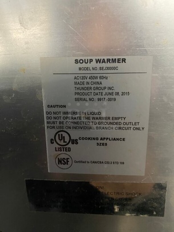 Thunder Group Commercial Countertop Food Warmer Soup Kettle! MODEL SEJ30000C SN:99170019 120V - Image 6 of 7