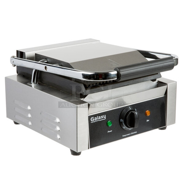 BRAND NEW SCRATCH AND DENT! 2023 Galaxy 177P65SG Stainless Steel Commercial Countertop Single Panini Sandwich Grill with Grooved Top and Smooth Bottom Plates - 8 1/2" x 8 1/2" Cooking Surface. 120 Volts, 1 Phase. Tested and Working! - Image 1 of 6