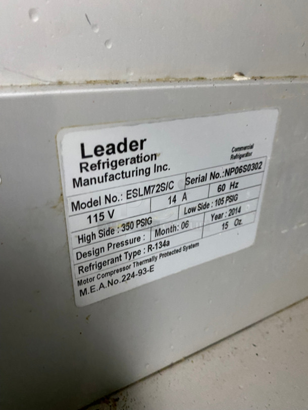 Leader Commercial Refrigerated Sandwich Prep Table! With 3 Door Underneath Storage Space! All Stainless Steel! On Casters! Model: ESLM72S/C SN: NP06S0302 115V 60HZ 1 Phase - Image 8 of 9