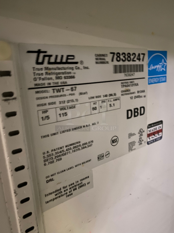 True Commercial Work Top Cooler! With 2 Door Storage Space Underneath! With Poly Coated Racks! All Stainless Steel! On Casters! Model: TWT67 SN: 7838247 115V 60HZ 1 Phase - Image 7 of 8