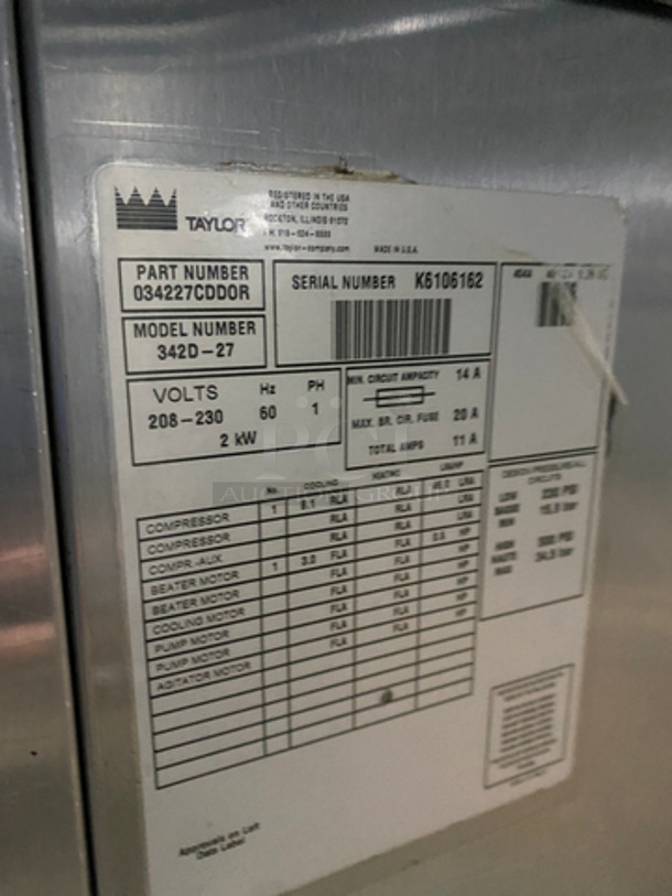 Taylor Commercial 2 Flavor Frosty/Coolatta/Slushie Making Machine! With Milkshake Mixing Attachment! All Stainless Steel! On Casters! Model: 342D27 SN: K6106162 208/230V 60HZ 1 Phase - Image 10 of 11