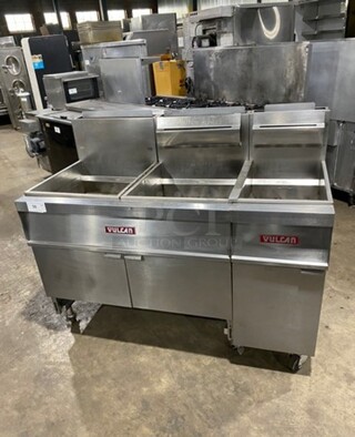 WOW! Vulcan Commercial Natural Gas Powered 3 Bay Deep Fat Fryer! All Stainless Steel! On Casters! Model: 3GR65F SN: 481533671