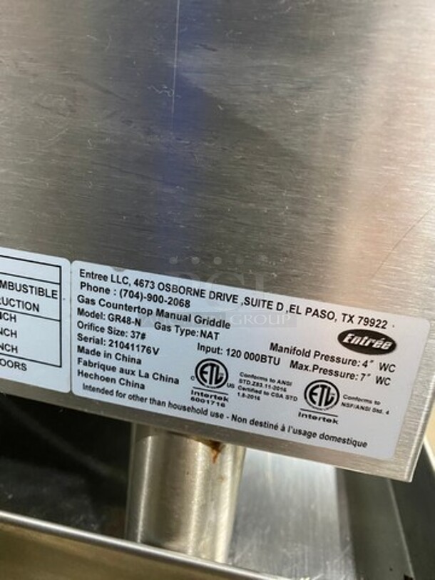 WOW! LATE MODEL! Entree Commercial Natural Gas Powered Flat Top Griddle! With Back And Side Splashes! On Equipment Stand! All Stainless Steel! On Casters! Model: GR48N SN: 21041176V - Image 8 of 9