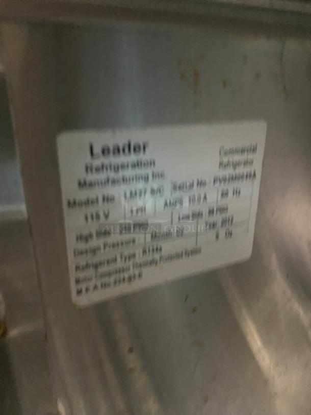 Leader Commercial Refrigerated Sandwich Prep Table! Single Door Storage Space Underneath! With 2 Overhead Shelf Space! All Stainless Steel! On Casters! NOT TESTED! - Image 8 of 10