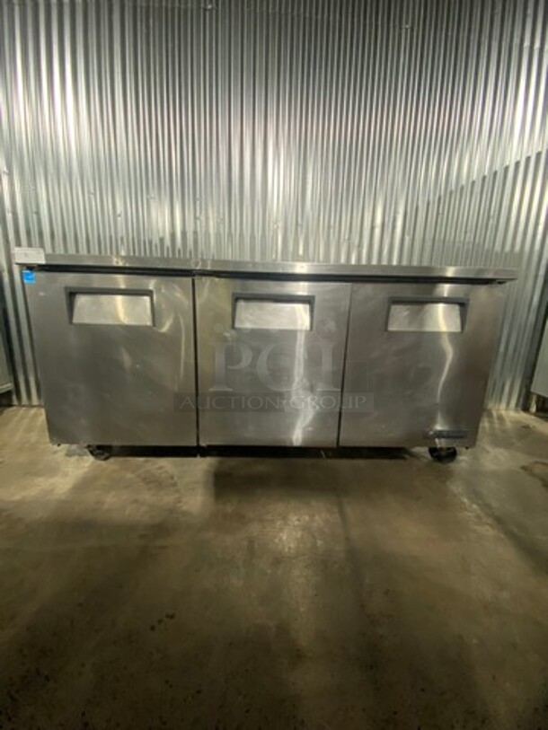True Commercial Refrigerated 3 Door Lowboy/Prep Top! With Poly Coated Racks! All Stainless Steel! Model TUC72 Serial 7956250! 115V 1Phase! On Casters!