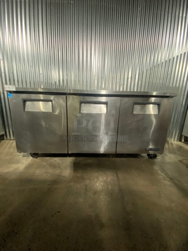 True Commercial Refrigerated 3 Door Lowboy/Prep Top! With Poly Coated Racks! All Stainless Steel! Model TUC72 Serial 7956250! 115V 1Phase! On Casters! - Image 1 of 9