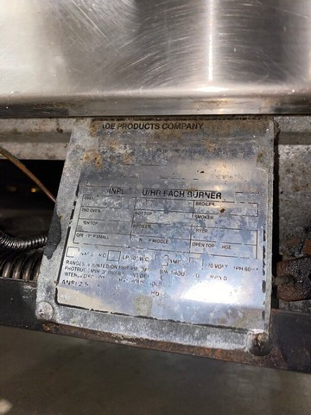 Jade Range Commercial Natural Gas Powered French Top/ Hot Plate Stove! With Raised Back Splash With Double Overhead Shelf! With Oven Underneath! All Stainless Steel! On Casters! - Image 11 of 12