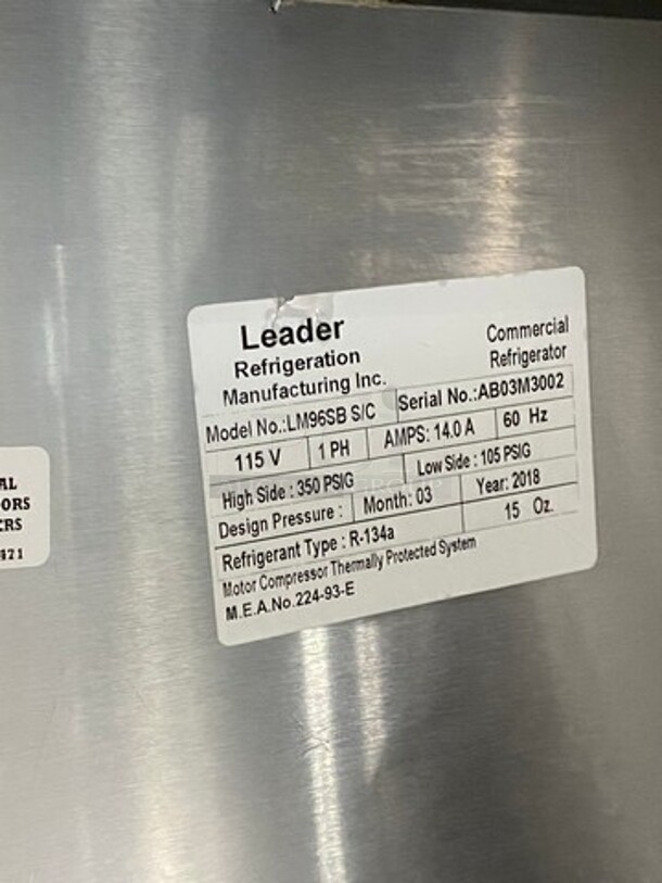 LATE MODEL! 2018 Leader Commercial Refrigerated Food Serving Station Counter/ Cold Pan! With Sneeze Guard! Stainless Steel Body! On Casters! Model: LM96SB SN: AB03M3002 115V 60HZ 1 Phase - Image 8 of 11
