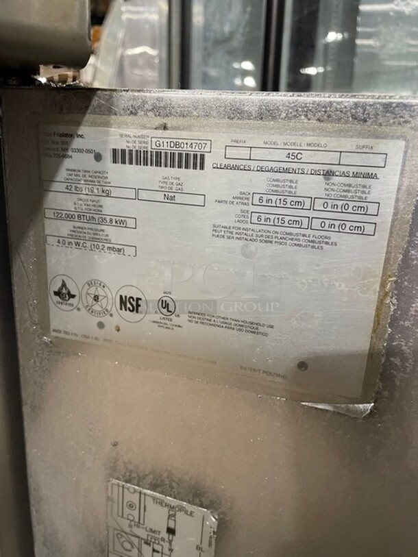 NICE! Pitco Commercial Natural Gas Powered Deep Fat Fryer! With Backsplash! All Stainless Steel! With 2 NEW Frying Baskets! On Casters! Model: 45C SN: G11DB014707! - Image 8 of 9