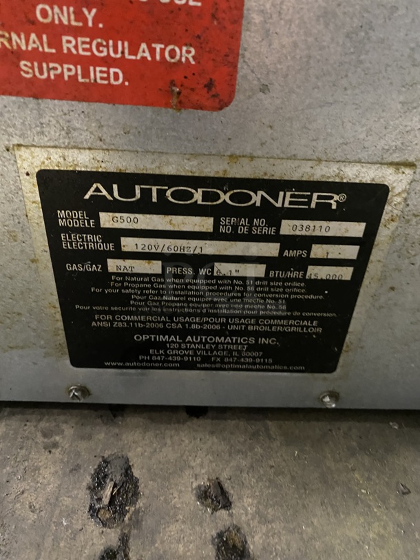 Optimal Automatics Autodoner Natural Gas Powered Gyro Machine!  Working When removed! MODEL: G500 SN:038110 120V! - Image 5 of 6
