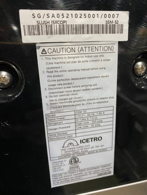 Icetro Commercial Countertop 2 Flavor Slushie/ Frozen Beverage Dispenser! Stainless Steel body! On Small Legs! Model: SSM52 115V - Image 9 of 10