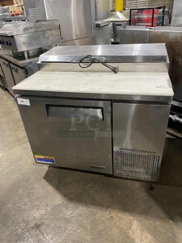 NICE! Turbo Air Commercial Refrigerated Pizza Prep Table! With Commercial Cutting Board! With Single Door Storage Space! Poly Coated Rack! All Stainless Steel! On Casters! Model: TPR44SD SN: TP4RA0100B 115V 60HZ 1 Phase