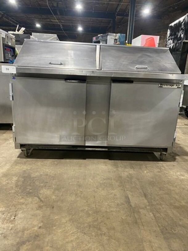 Beverage Air Commercial Refrigerated Sandwich Prep Table! With 2 Door Underneath Storage Space! All Stainless Steel! On Casters! Model: SP6024M SN: 8003818 115V 60HZ 1 Phase