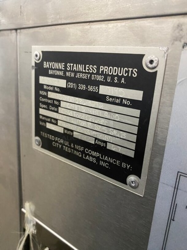 OUT OF THE BOX! NEVER USED! Bayonne Commerical 5 Bay Cold Pan/Cold Food Buffet Counter! With Folding Serving Counter! With 2 Shelf Storage Underneath! All Stainless Steel! On Legs! Model: CPM72 SN: 7195 120V 60HZ 1 Phase - Image 7 of 10